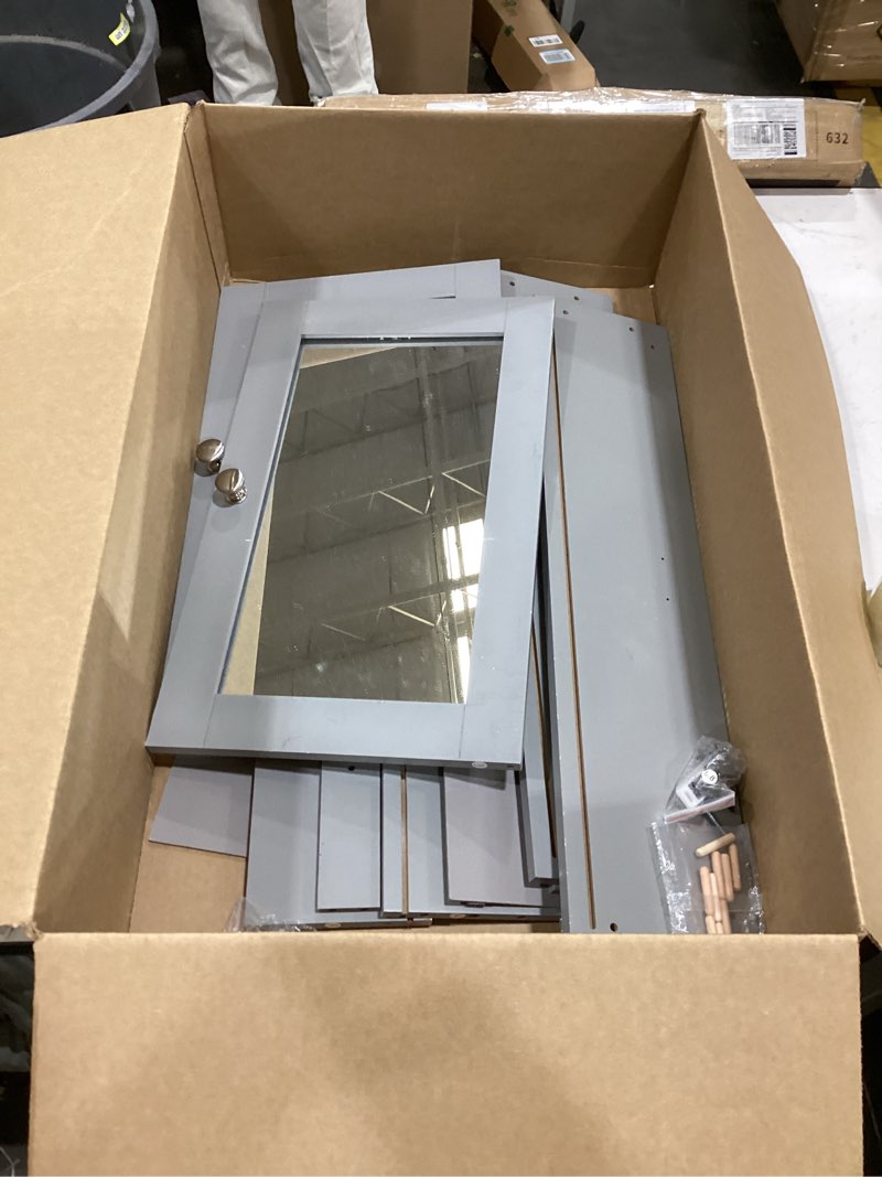 Condition photo showing As Is for VASAGLE Bathroom Cabinet with Mirror, Wall Cabinet with 2 Mirrored Doors, Adjustable Shelf, Open Compartment, Wall-Mounted, 5.1 x 22.2 x 23 Inches, Dove Gray ULHC002G02 5.1"D x 22.2"W x 23"H Dove Gray