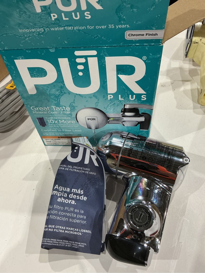 Condition photo showing As Is for pur plus faucet mount water filtration system, chrome, water filter for sink faucet, pfm400h