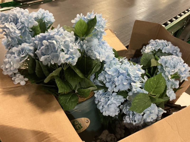 Condition photo showing As Is for faux hydrangea tree – 30 inch hydrangea tree artificial with white flowers, uv resistant outdoor hydrangea artificial plants in pot for indoor outdoor home porch decor (2 pack) blue 2