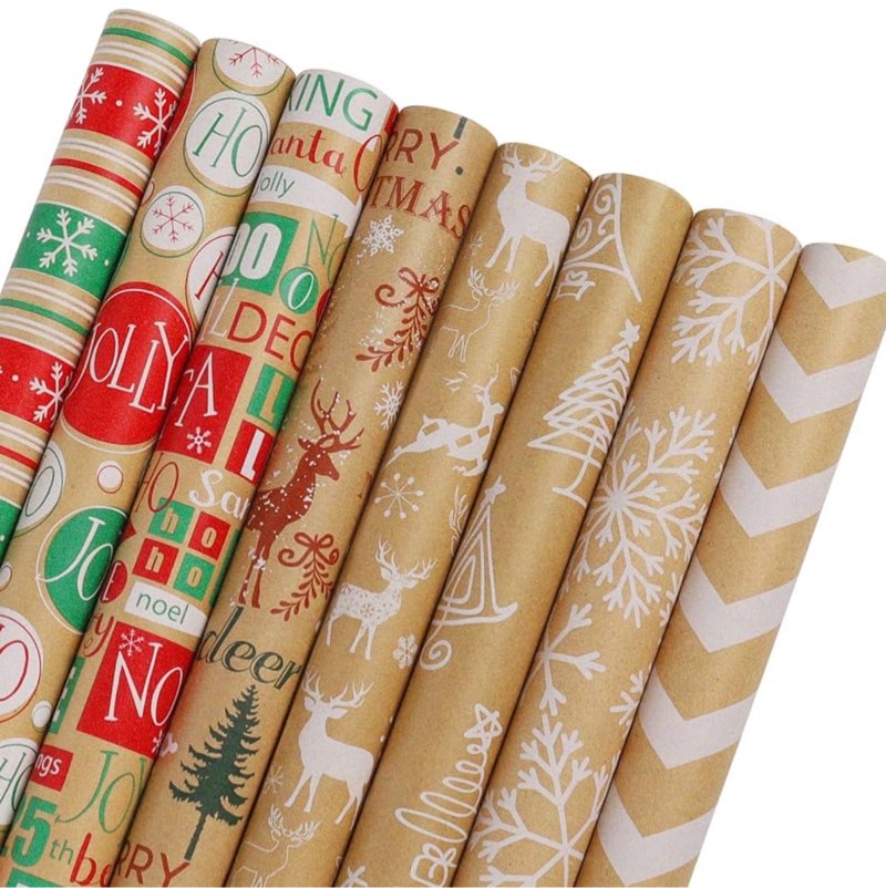 laribbons christmas wrapping paper rolls, 30inch × 10feet, 8 rolls: 200 sq.ft.ttl, santa/stripes/plaid/classic matte red gift wrapping paper bundle for xmas, holiday, celebration, season party ho ho 30inch × 10feet- 8 rolls