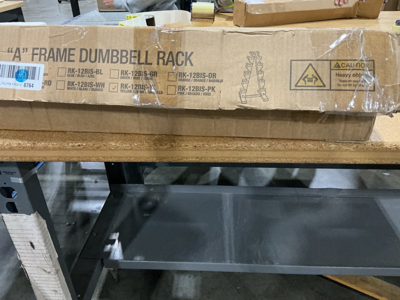 Condition photo showing New/Like New for cap barbell 150 lb coated hex dumbbell weight set with vertical rack | multiple colors yellow