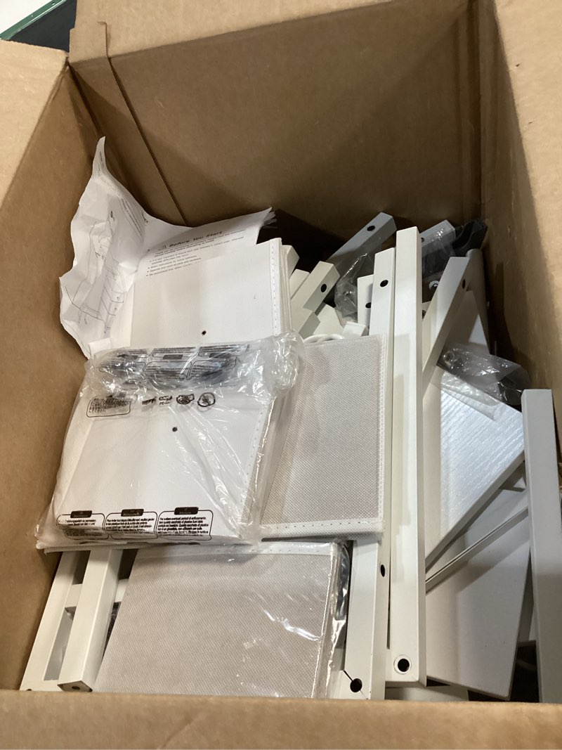 Condition photo showing As Is for Small Vanity Desk Without Mirror, Makeup Vanity Table with Power Outlet, White Vanity with Fabric Drawers, Dressing Table, for Small Spaces, Bedroom, White