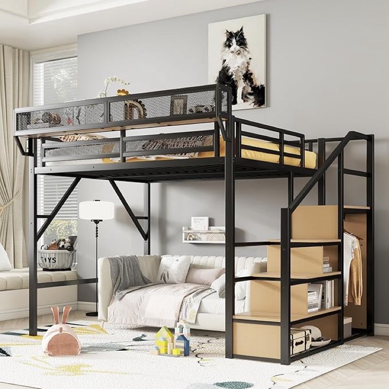 Incomplete box 2 of 2)KEIKI Queen Size Metal Loft Bed Frame with Staircase, Built-in Storage Shelves and Wardrobe, Modern Loft Bed with Solid Slats and Guardrail, No Box Spring Required, Easy Assembly, for Bedroom, Black