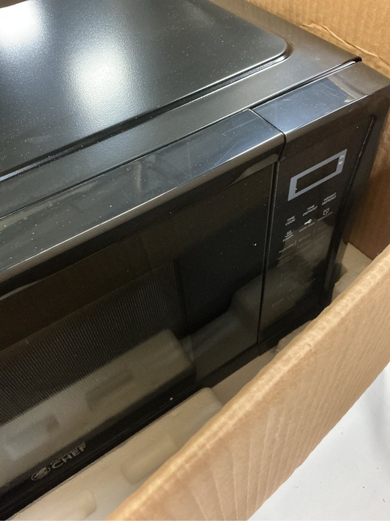 Condition photo showing As Is for ((Incomplete))COMMERCIAL CHEF 1.1 Cu Ft Microwave with 10 Power Levels, Microwave 1000W with Push Button Door Lock, Countertop Microwave with Microwave Turntable and Digital Controls, Black Black 1.1 Cubic Feet