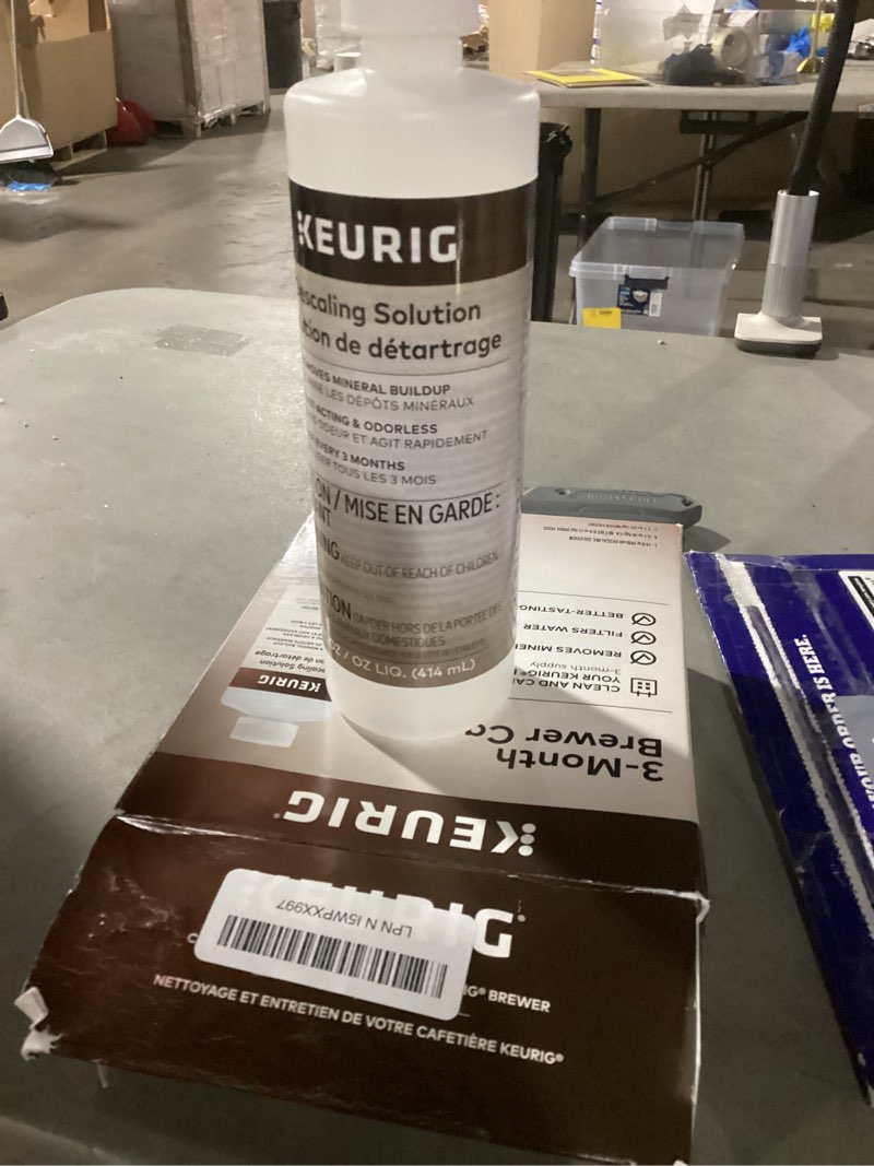Condition photo showing As Is for keurig 3-month brewer maintenance kit includes descaling solution, water filter cartridges & rinse pods, compatible classic/1.0 & 2.0 k-cup coffee makers, 7 count