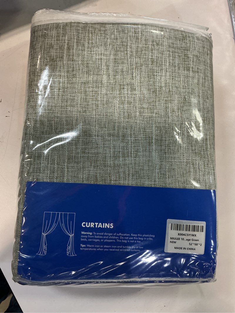 Condition photo showing New/Like New for MIULEE Sage Green 100% Blackout Linen Curtains 90 Inch 2 Panels Set Double Sided No Coating Pleated Back Tab Black Out Long Thermal Insulated Pinch Pleat Bedroom Living Room Darkening Window Drapes Sage Green 52"W x 90"L (Pack of 2)