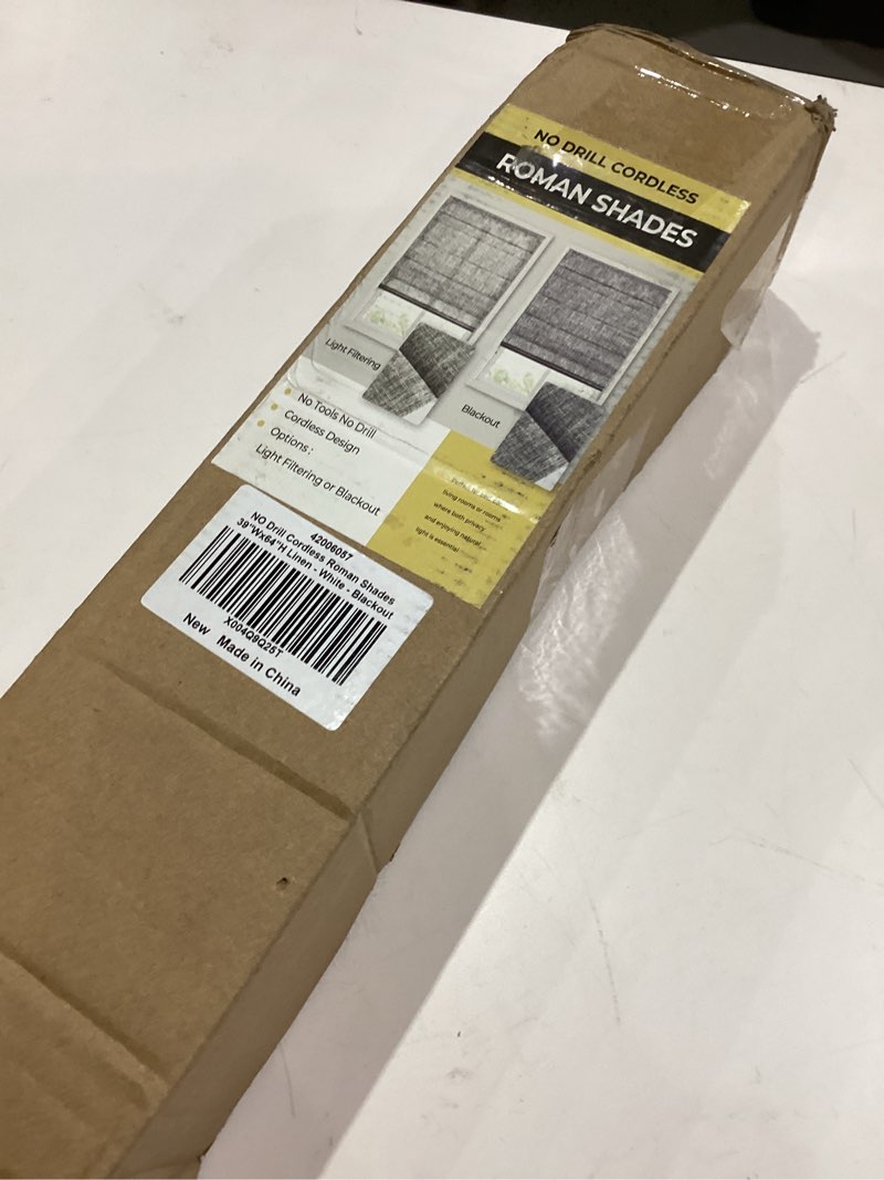 Condition photo showing Good Condition for no Drill Cordless Roman Shades for Windows, 39" W × 64" H - 100% Blackout - Linen - Mist White 100% Blackout - Linen - White 39" W × 64" H
