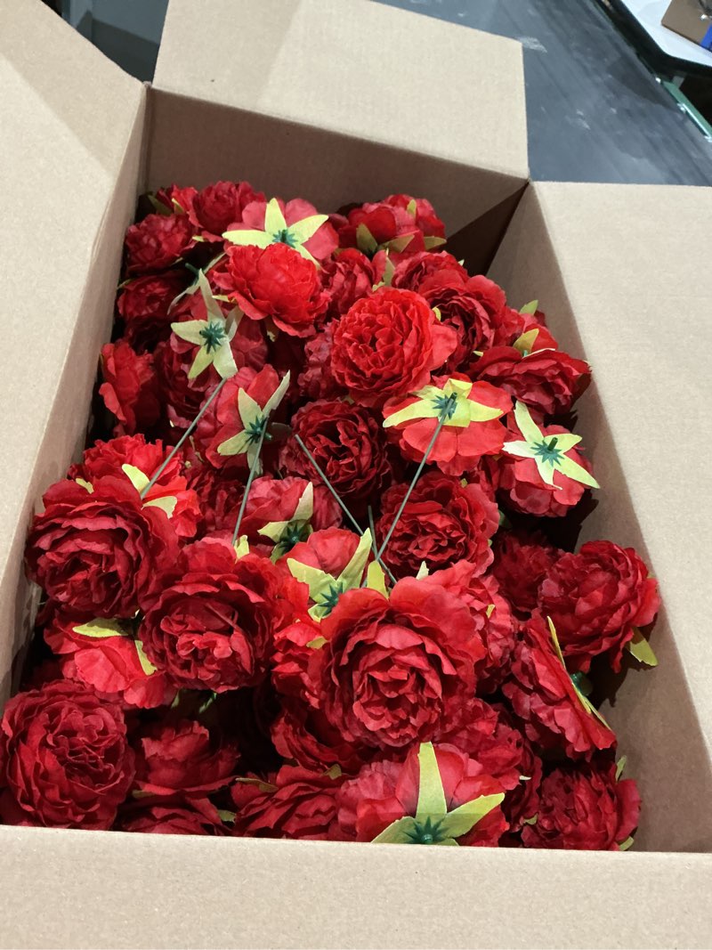 Condition photo showing Good Condition for thiccywoov 100 pcs flowers long stem artificial rose, 3.2 inches silk rose head flowers fake for wedding bridal bouquet home floral decor diy centerpieces arrangements party tables decorations (red)