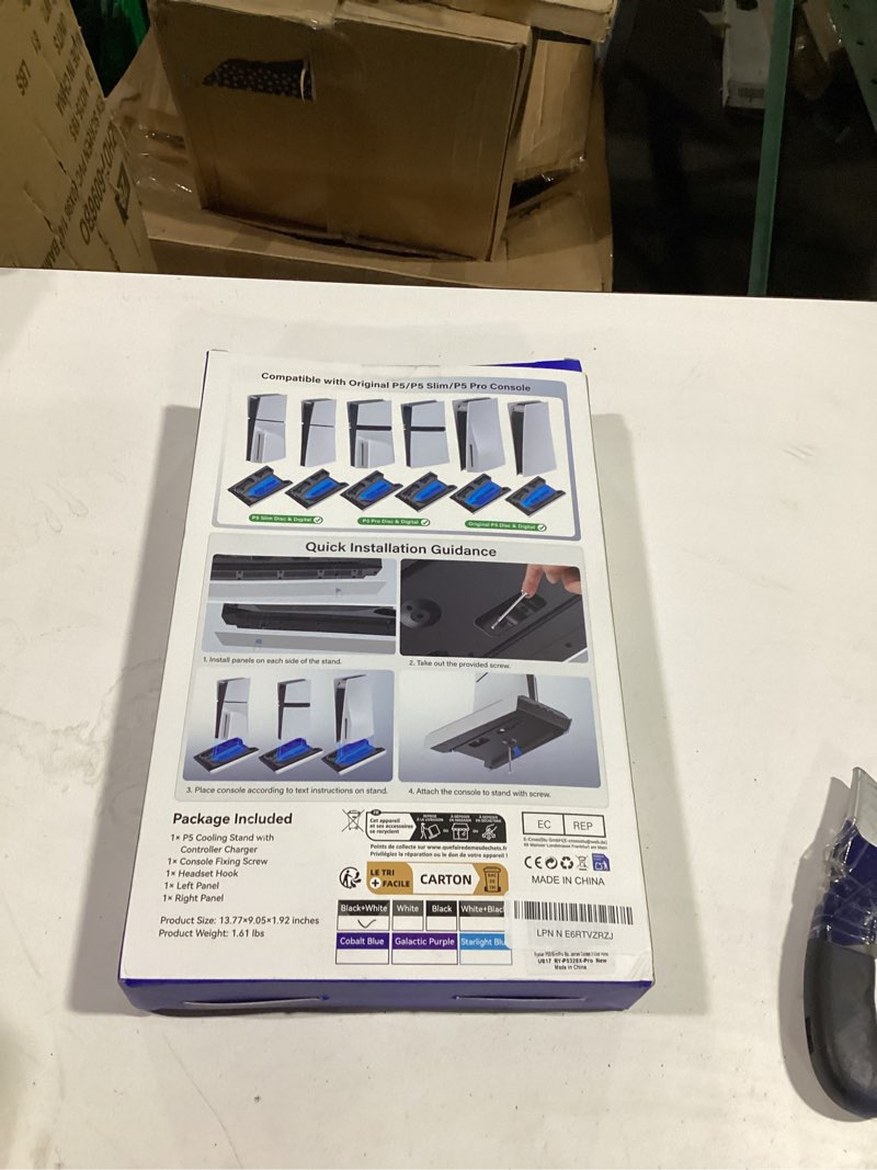 Condition photo showing Good Condition for ps5/slim/pro stand for disc & digital console, ps5 cooling & charging station with rgb lights, ps5 controller charger built-in 3 level & auto adjustable fan, accessories for playstation 5 cases black & white