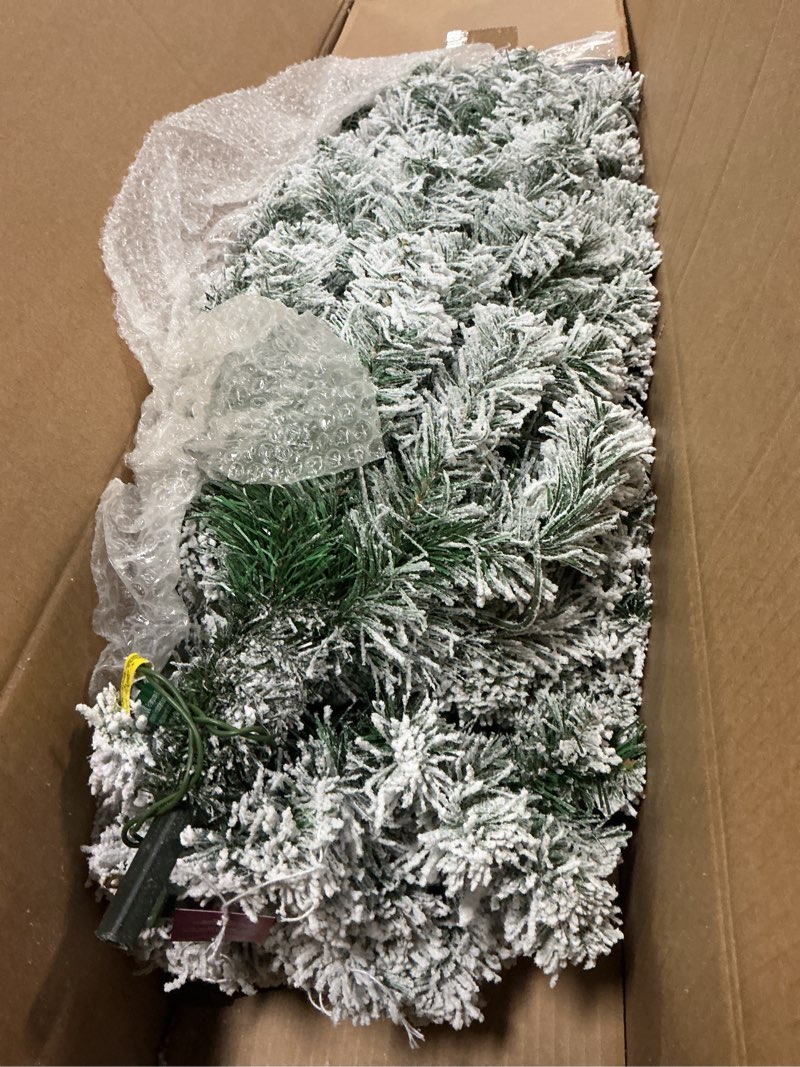 Condition photo showing Good Condition for National Tree Company 6 ft Pre-Lit Flocked Acacia Slim Artificial Christmas Tree, 250 Clear Lights, 512 Tips, Includes Stand, Green 5ft 11in
