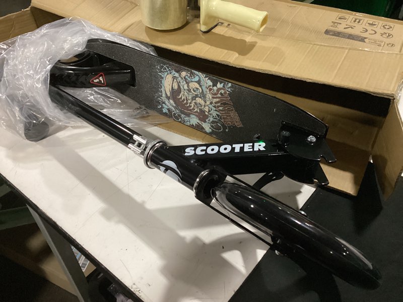 Condition photo showing Good Condition for kick scooter for ages 6+, kids, teens & adults. max load 240 lbs. 8in big wheels for kids, teens & adults, 3 adjustable levels black