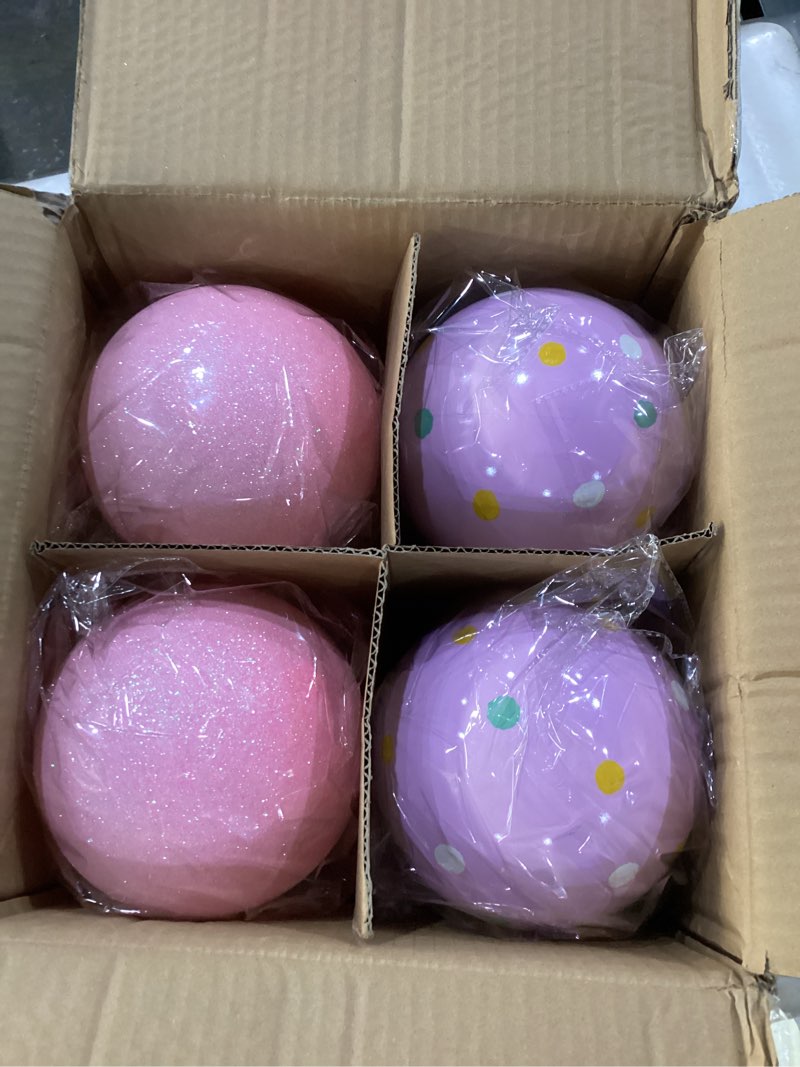 Condition photo showing New/Like New for Deekin 8 Pack Pastel Christmas Large Ball Ornaments 6 Inch Pink Candy Christmas Decor Jumbo Purple Macaron Hanging Glitter Balls Plastic Giant Oversized Ornaments for Indoor Outdoor Party Xmas Tree