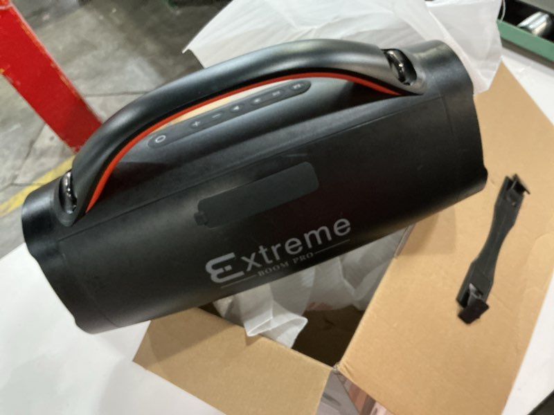 Condition photo showing As Is for doss extreme boom+ outdoor bluetooth speaker with 100w stereo sound, extra bass, 20h playtime, party-sync led lights, built-in power bank, ipx6 waterproof speaker for camping, pool, beach, yard black