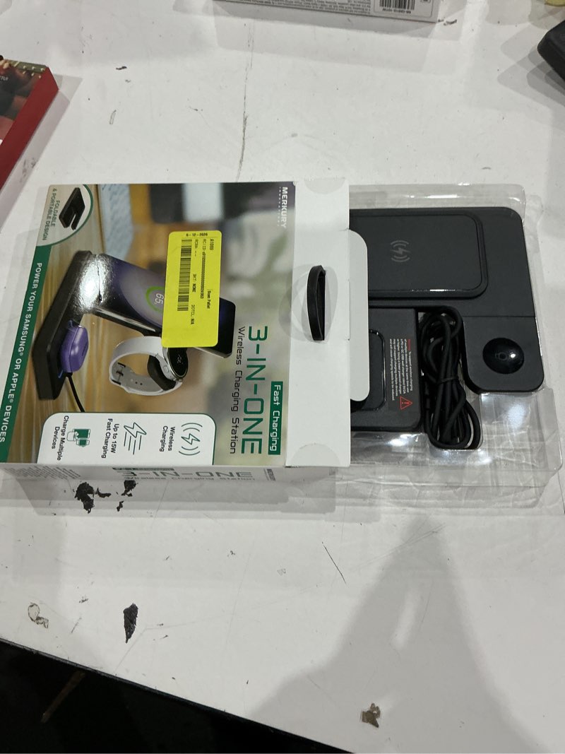 Condition photo showing Good Condition for merkury innovations 3-in-1 wireless charging station for iphone, apple watch, airpods, samsung galaxy phone, watch & buds – foldable, black