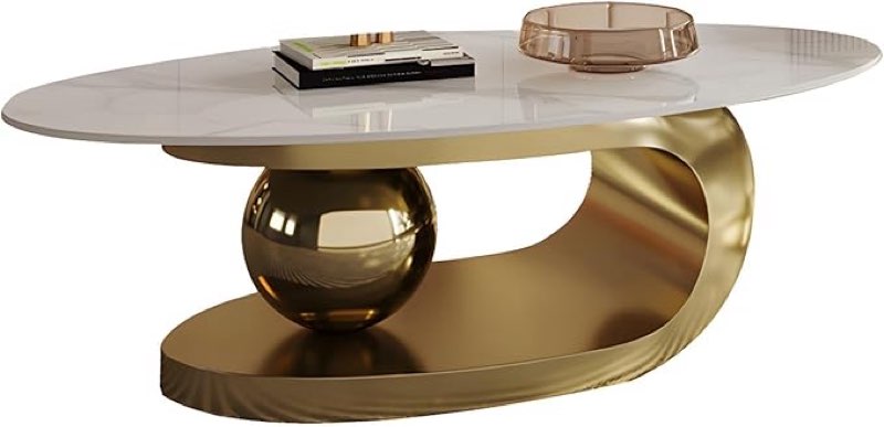 Coffee Table Oval Scratch-Resistant Stone Top Abstract Base, Stone Center Table Cocktail Table for Living Room 55" L x 27.5" W x 16.5" H, White-Gold
