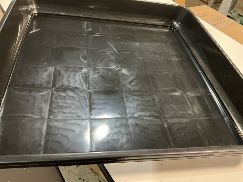 Condition photo showing As Is for waynhui squared plant saucer 23inch 2pack square plastic basin tray large/small water receiving tray(black 23inch 2pack)