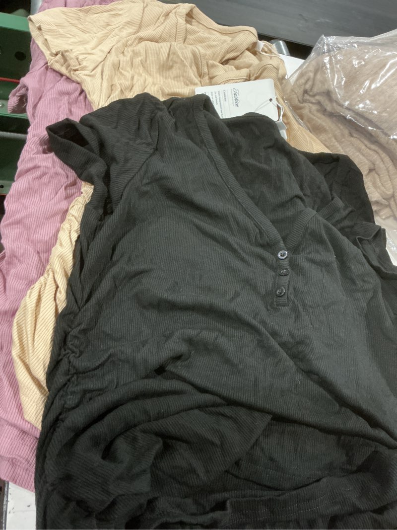 Condition photo showing Good Condition for 3 pack womens maternity shirts short sleeve cotton ribbed v neck pregnancy clothes casual henley side ruched tees medium khaki, gray purple, black