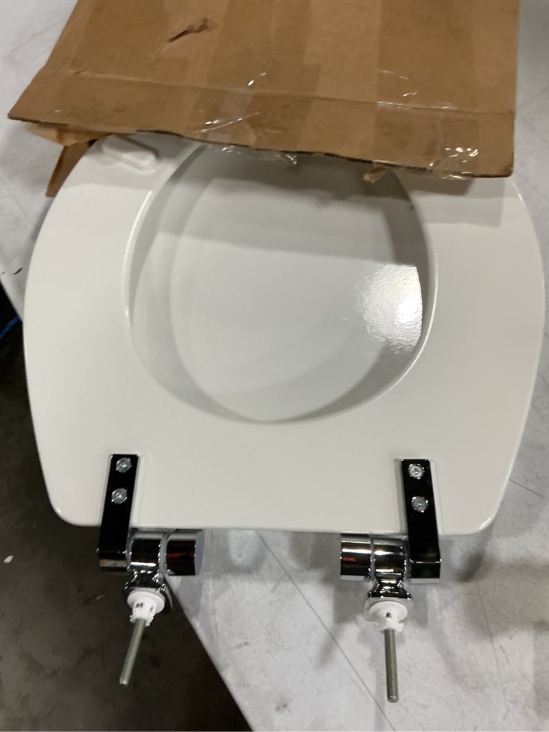 Condition photo showing As Is for mayfair bennett toilet seat with chrome hinges, slow close wood seat, secure metal hinges, easy install, made in usa, round, white round chrome