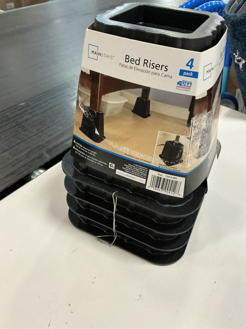 Condition photo showing New/Like New for mainstays black bed risers, raise your bed to create storage space, 4 pack, assembled length 6.50 in x width 6.50 in x height 6 in