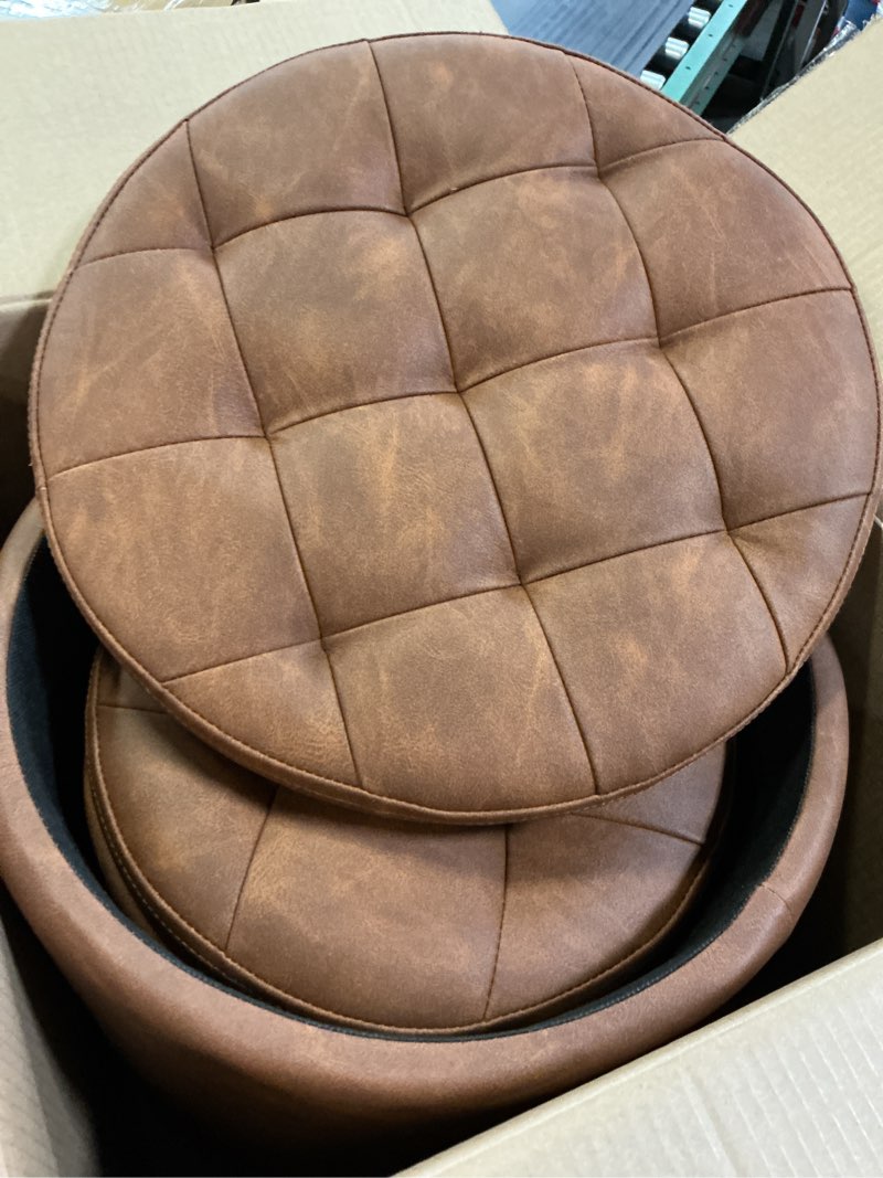 Condition photo showing Good Condition for round ottoman with storage set of 2, 12.6"w x 14.17"h & 14.76"w x 17.32"h faux leather button tufted storage ottoman, boucle vanity stool footrest coffee table for living room, bedroom, brown brown 14.8"d x 14.8"w x 17.3"h