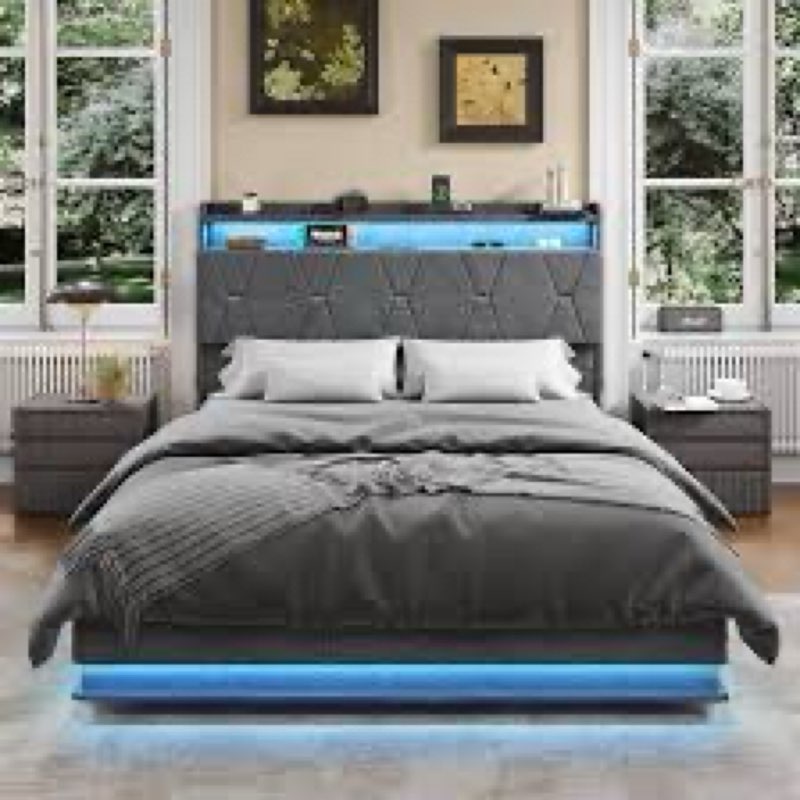 fameill queen size lift up storage bed frame, storage headboard with charging station, led lights up