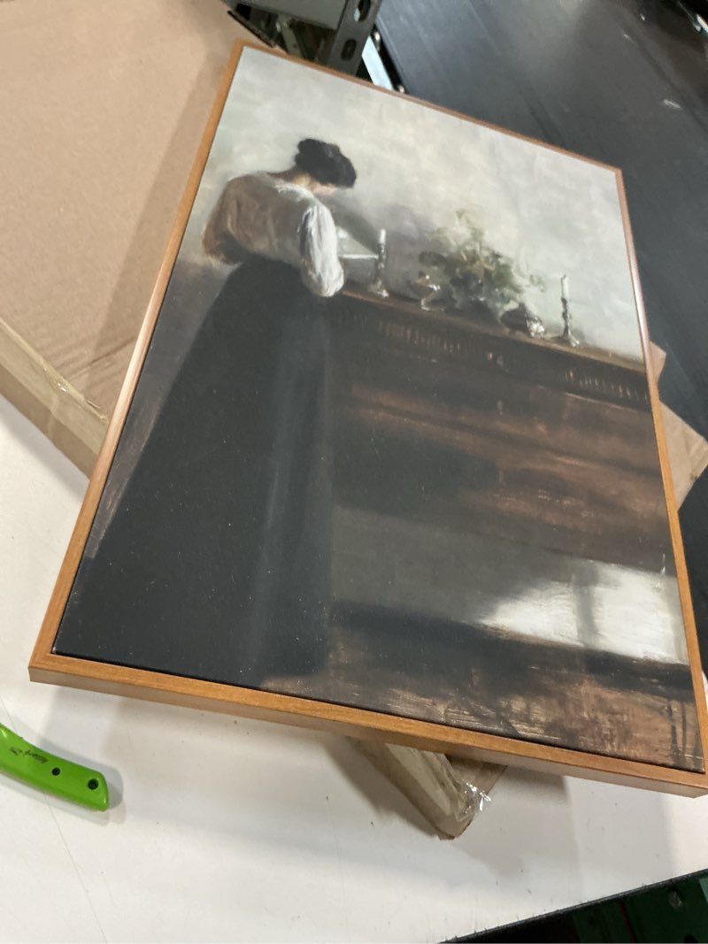 Condition photo showing Good Condition for viyyiea portrait large framed wall art, woman standing reading vintage art decor room aesthetic, 16x24 inch canvas print artwork, farmhouse painting wall decor for bedroom bathroom office