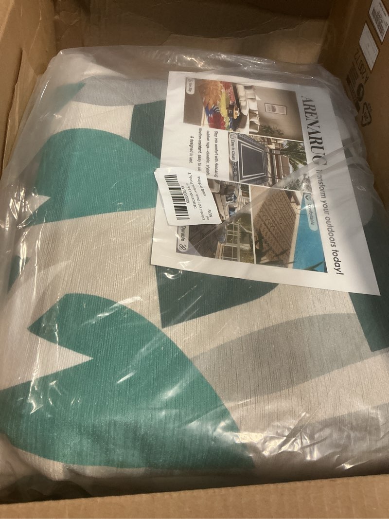 Condition photo showing New/Like New for colorful 8x10 outdoor area rug washable multicolored patio rug tropical botanical floral chenille waterproof outdoor carpet non-slip for deck, backyard, porch, teal