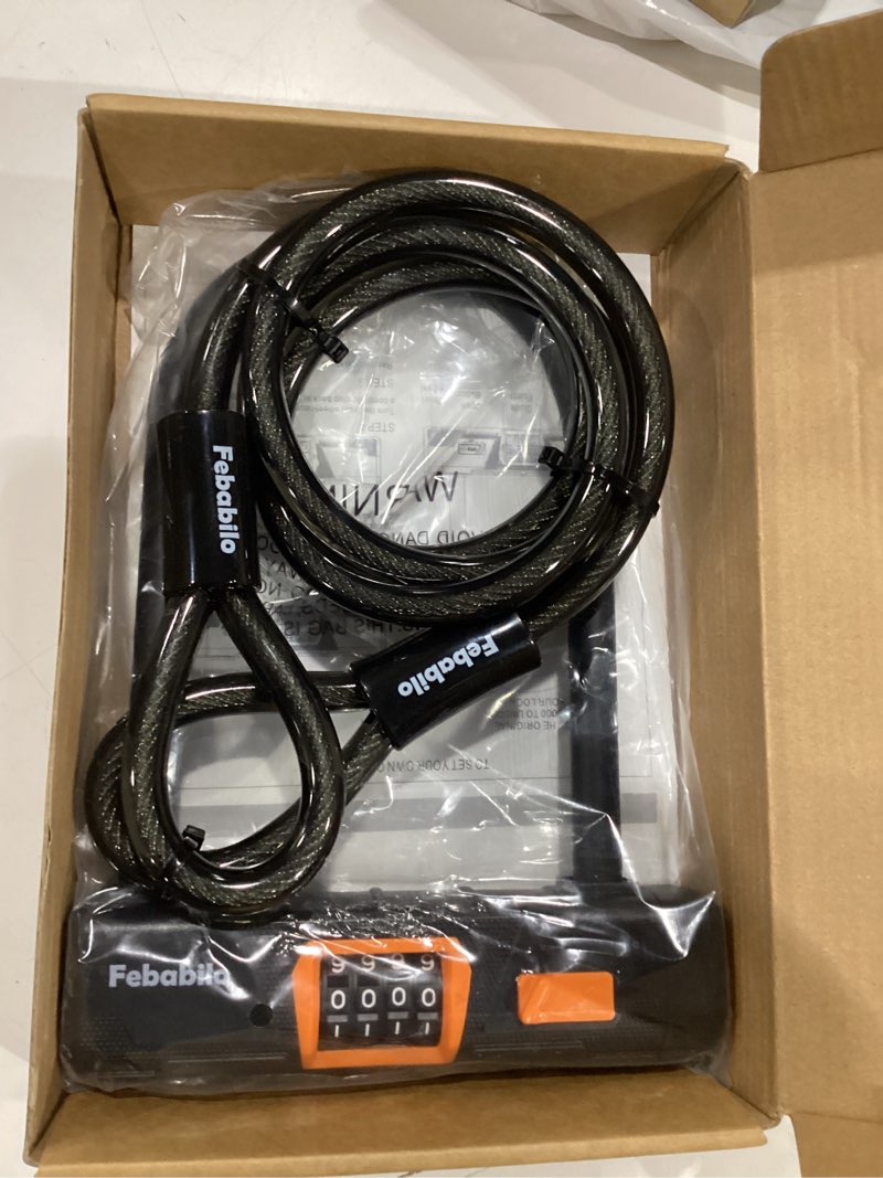 Condition photo showing New/Like New for bike locks heavy duty anti theft, combo bike u lock, 4-digit resettable combination e-bike large u shaped lock with 5ft steel cable for electric bike, bicycle, escooter, motorcycle,door 7.5 x 4.5in bike u lock with 5ft x 0.47in cable