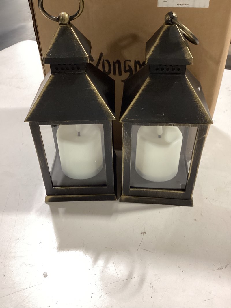 Condition photo showing Good Condition for vintage golden brushed black lantern decorative led flickering flameless candle with timer, battery powered led decorative hanging lanterns for indoor outdoor garden yard home decor(2 pack) a-black gold 2pack