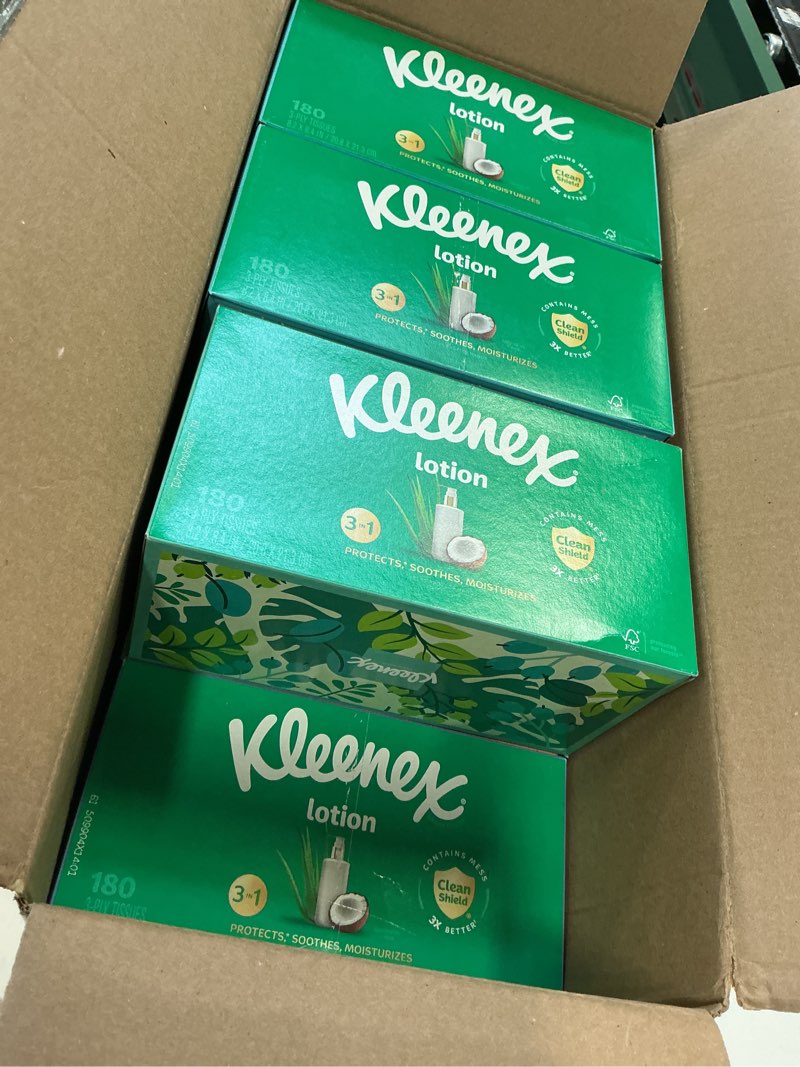 Condition photo showing As Is for (Incomplete) Kleenex Lotion Facial Tissues with Coconut Oil, 8 Flat Boxes, 180 Tissues Per Box, 3-Ply White 180 Tissues (Pack of 8)