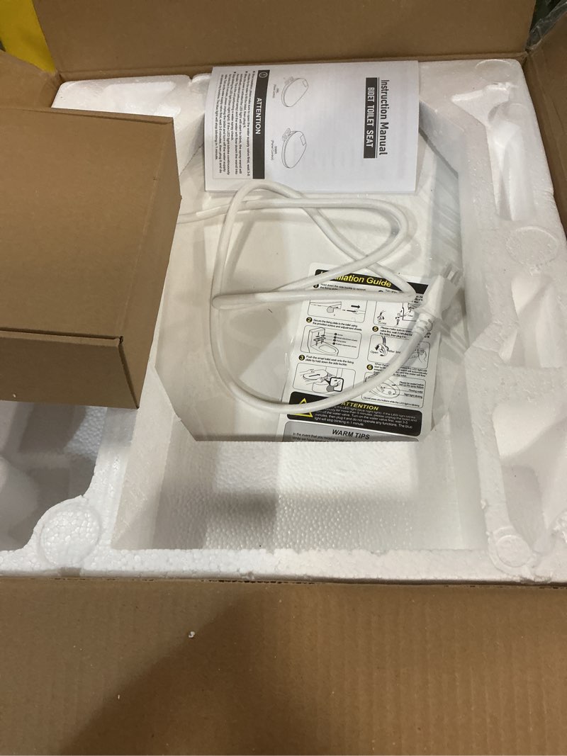 Condition photo showing As Is for electric heated bidet toilet seat with warm water wash, warm air dryer, soft closed lid, night light, led display, toilet seat with bidet requires outlet - round
