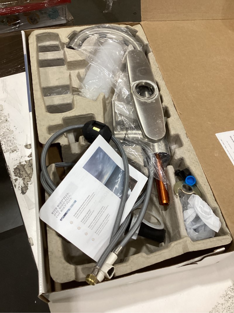 Condition photo showing As Is for Moen Haelyn Spot Resist Stainless Single-Handle Pull-Down Sprayer Kitchen Faucet Featuring Power Boost for a Faster Clean, Soap Dispenser Included, 87627SRS