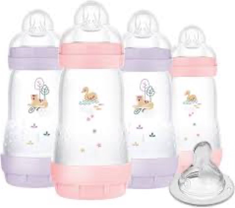 mam 9oz easy start anti-colic baby bottles, medium flow with bonus fast flow nipple, breastfeeding-like silicone, reduces colic and gas, easy-to-clean, bpa-free, 2 plus months 5 count (pack of 1) iris & fairy dust