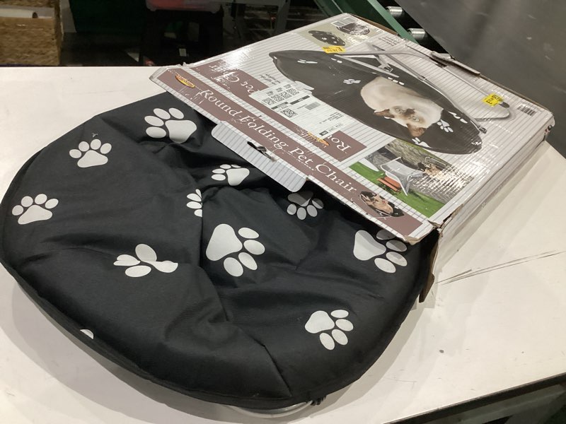 Condition photo showing Good Condition for etna products round pet bed: comfortable elevated cat bed with paw print cushion - black & white water resistant papasan chair for small dogs