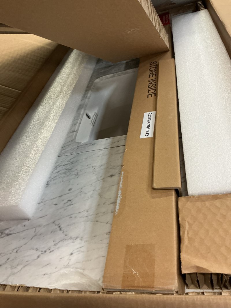 Condition photo showing As Is for allen + roth.  ROVELAND  48-in Vanity with Top  Light Gray Finish  Carrara marble top