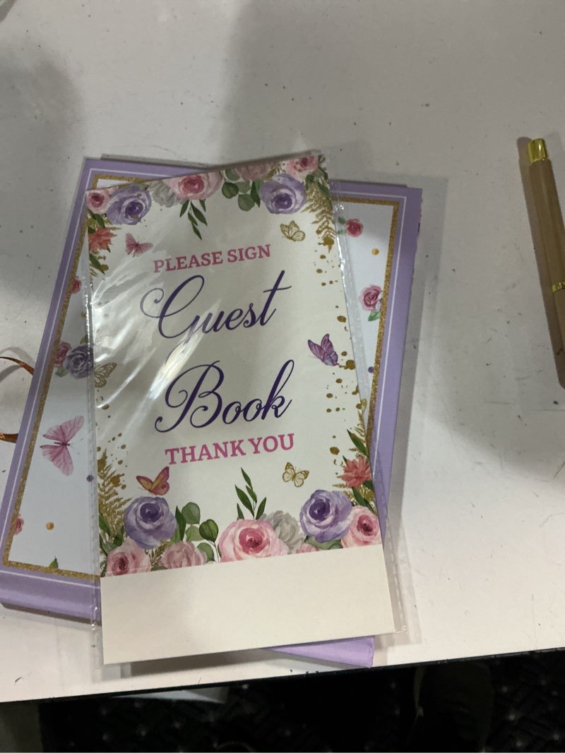 Condition photo showing New/Like New for 27 pcs butterfly floral baby shower guest book set baby shower sign in guest floral book place table cards with gold pen adhesive photo corner for birthday party