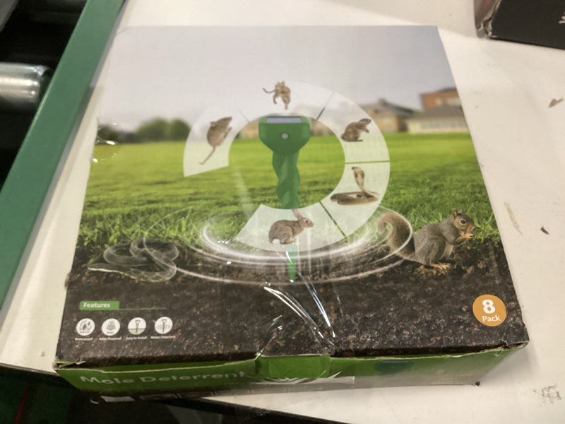 Condition photo showing New/Like New for mole repellent solar powered, 8 pack snake & skunk repellent for yard, ip 65 waterproof ultrasonic deterrent stakes, get rid for rabbit, gopher, vole, chipmunk, deer, groundhog for lawns garden 1 count (pack of 8)