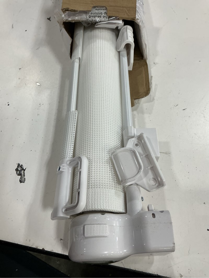 Condition photo showing As Is for reinforced 42” tall x 130” extra wide retractable baby gate for large openings extra tall dog gate with rods to prevent crawling through, extra long mesh pet gate for doorways, white white reinforced 42" tall x 130" wide
