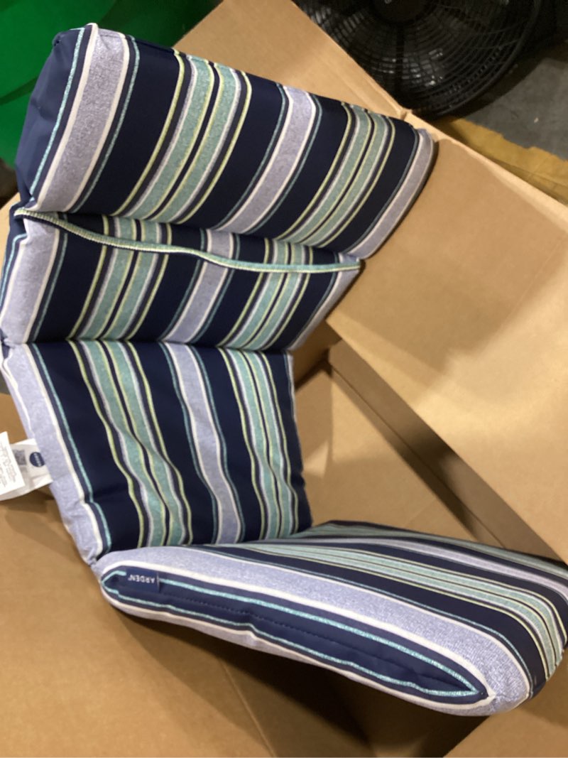 Condition photo showing Good Condition for arden outdoor adirondack or rocking chair cushion, 20 x 17, rain-proof, fade resistant 17 x 20, sapphire aurora blue stripe sapphire aurora blue stripe standard adirondack