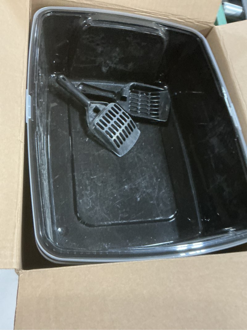 Condition photo showing As Is for IRIS USA 2 Pack Large Open Top Cat Litter Box with High Sides, Scatter Shield & Scoop, Black, for Indoor Cats, Kittens or Multicat Homes