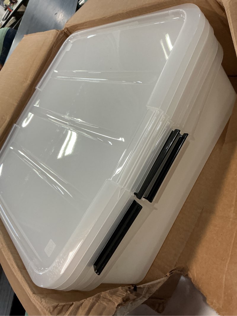 Condition photo showing Good Condition for iris usa 33 qt plastic under bed storage organizer bin container with secure lids and durable black buckles, multi-purpose for clothes, shoes, clothing, and bedding, short, clear, 3 pack