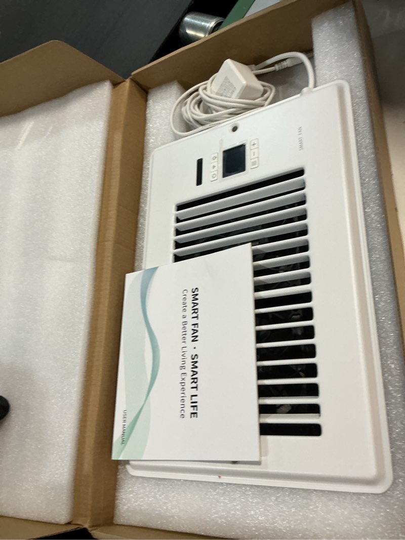 Condition photo showing Good Condition for super quiet register booster fan for 6" x 10" register holes, smart register vent with dual intelligent thermostat and wifi app control, heating cooling ac vent fan (white) 6" x 10" white