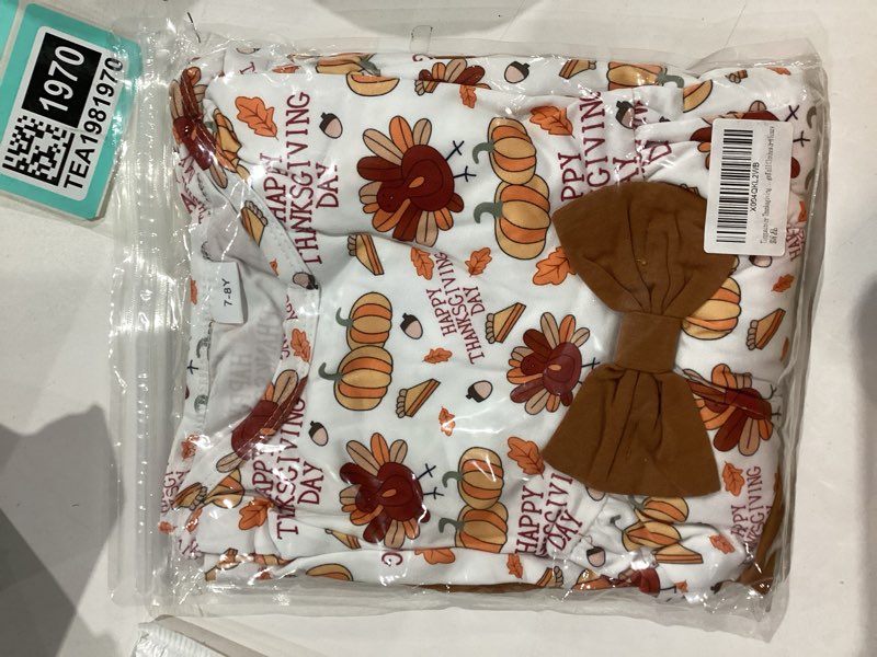 Condition photo showing New/Like New for Thanksgiving Girl Outfit Cute Bow Dress Top + Turkey Leggings Fall Clothes 3-8 Years Light Brown 7-8 Years