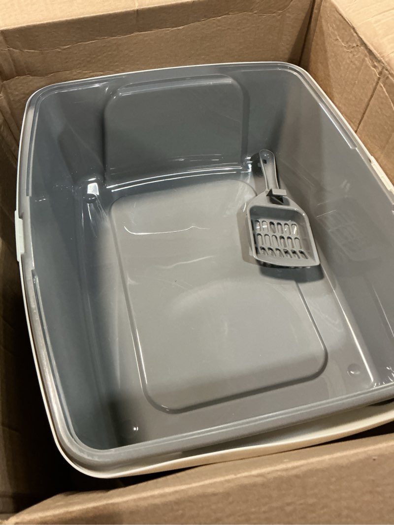 Condition photo showing As Is for amazon basics large cat litter box with high sides, open top for easy access, includes scoop with storage, 19" x 15" x 11.75", grey/beige grey/beige open top