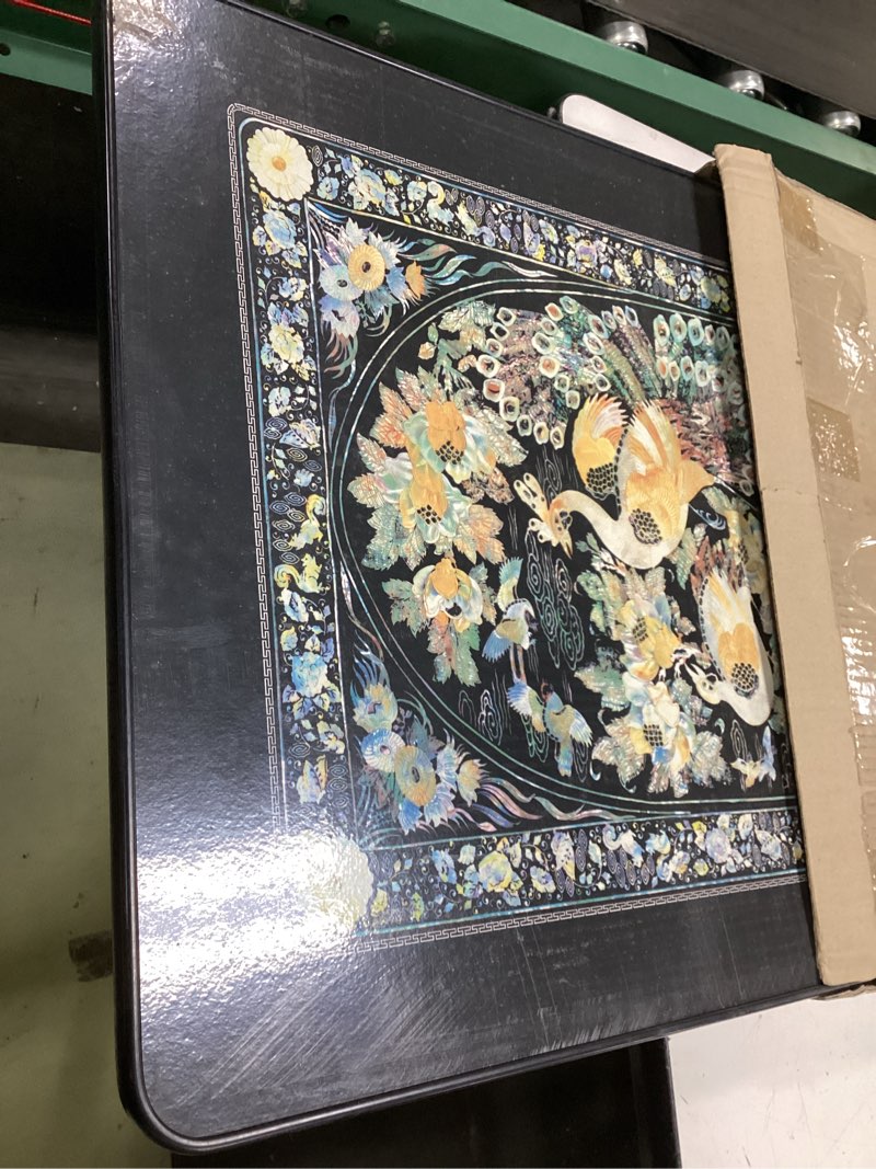 Condition photo showing As Is for lightweight folding table – replica of korean antique pearl style (laminated design on particle wood)