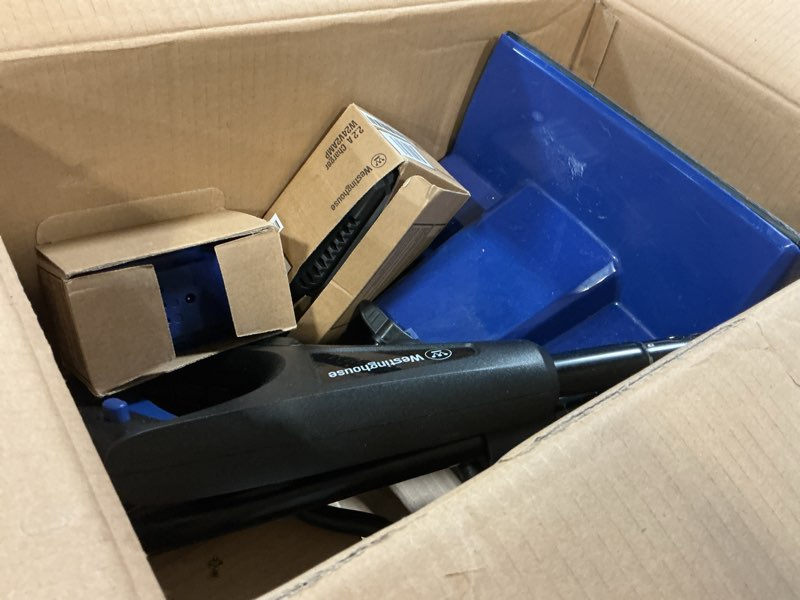 Condition photo showing As Is for westinghouse wsnow11s 24v cordless snow shovel 11 inch kit, 24v 4ah battery, fast charger, electric snow shovel with 20ft throwing distance, plows 75lbs/min, compatible with snow joe batteries 11 inch with battery/charger
