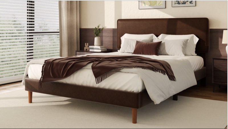 Sismplly King Size Upholstered Bed Frame with Adjustable Headboard, Faux Leather Platform Bed with W