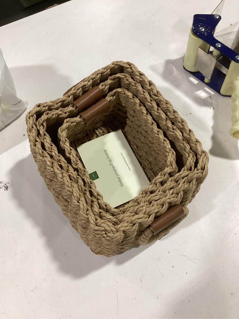 Condition photo showing Good Condition for LA JOLIE MUSE Small Wicker Baskets for Organizing, Recycled Paper Rope Storage Basket Container Bins for Shelves Bathroom Cupboards Drawer, Decorative Square Basket Organizer Set of 3 Desert