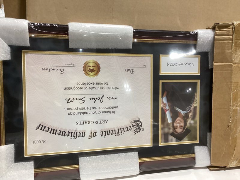 Condition photo showing New/Like New for 11x19 Diploma Frame, Display for 8.5x11 Certificate & 4x6 Photos, Tempered Glass with Acid-Free Black over Gold Mat, Degree Frame for Graduation, Mahogany with Gold Trim 8.5x11 Certificate & 4x6 Picture - 1pk Mahogany frame/Black mat