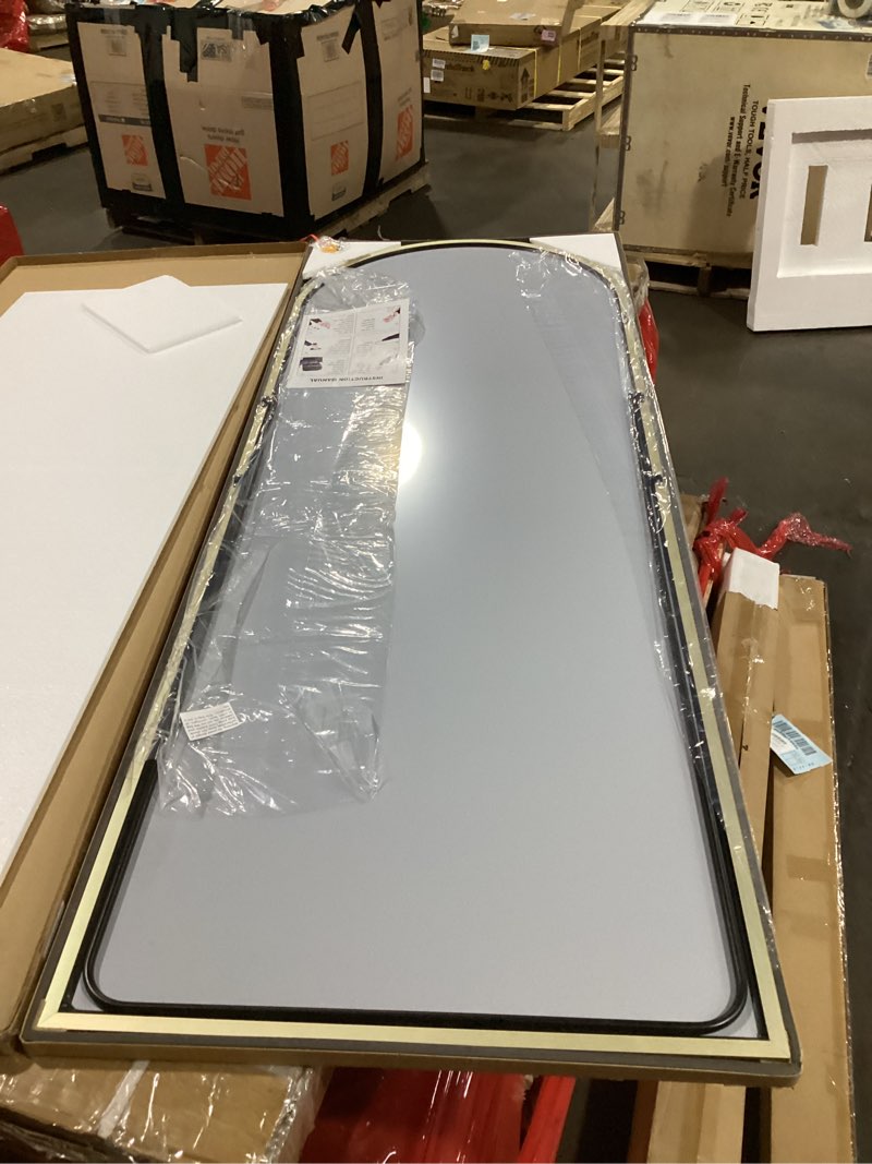 Condition photo showing item condition for mirror full length, 71"x26" arched full length mirror, arch mirror with stand, large standing mirrors, oversized full body mirrors with aluminum frame for bedroom, living room (gold) gold 71"l x 26"w